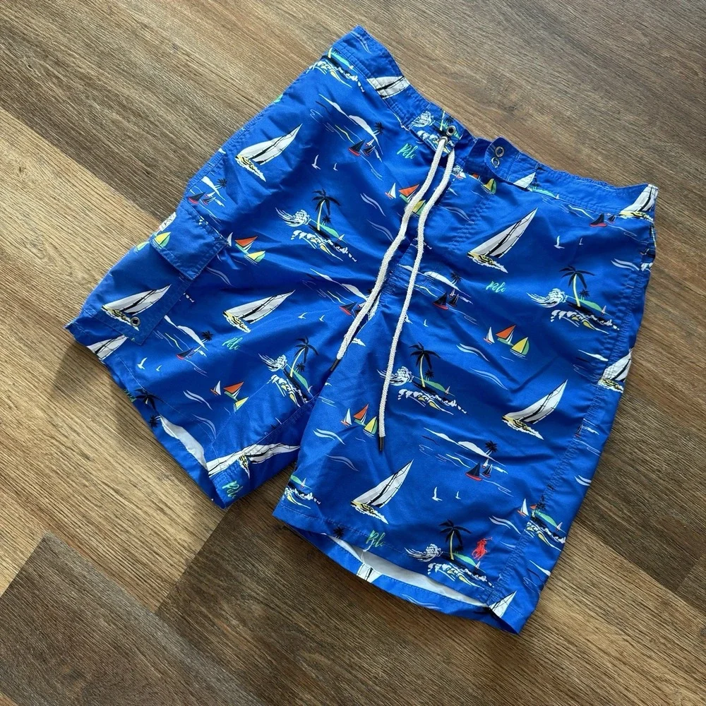 Polo Ralph Lauren AOP Sail Boat Swim Trunks Men's Sz M Nautical Theme Blue‎